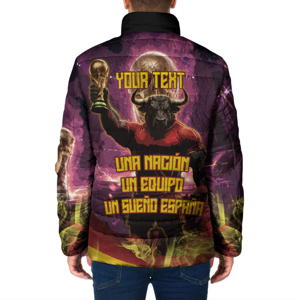 Personalized Spain Football Bull Mascot Padded Jacket Spanish Pride Champion Trophy Graphic Art