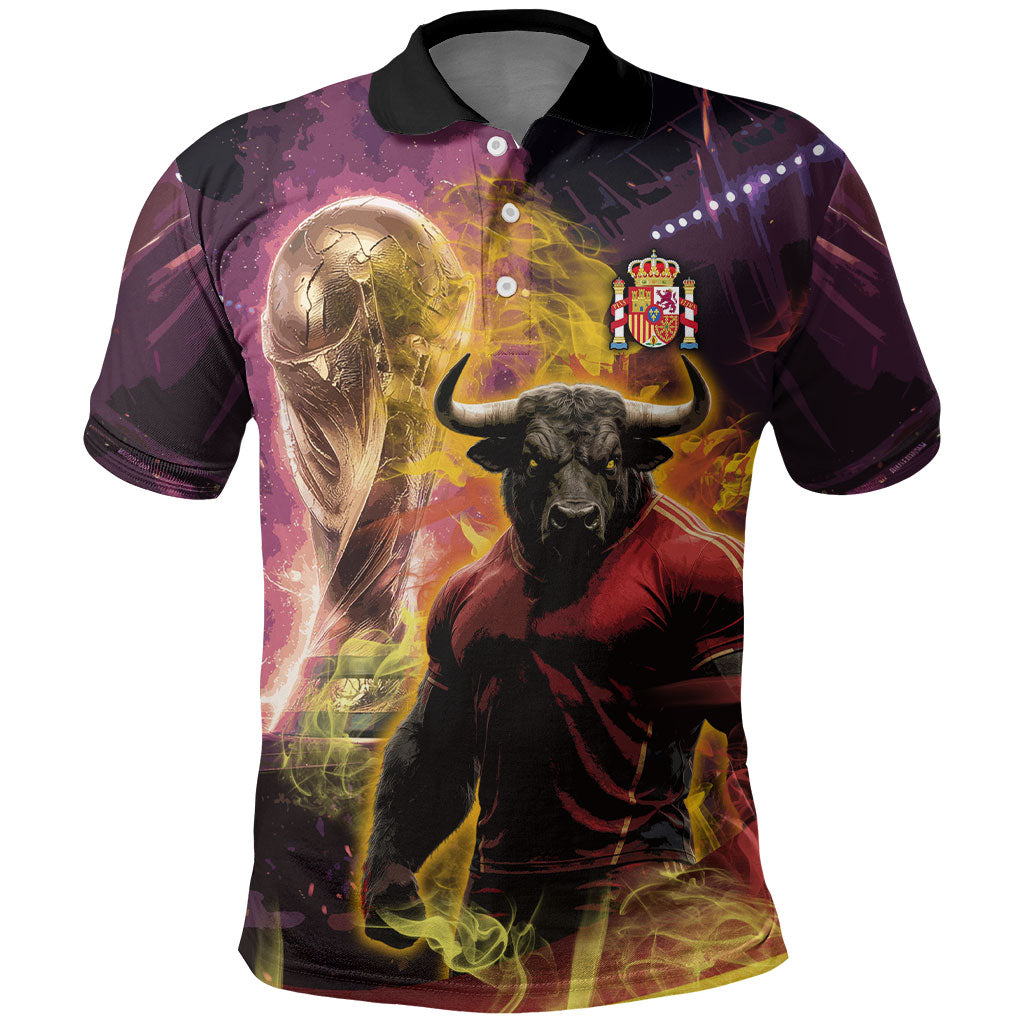 Personalized Spain Football Bull Mascot Polo Shirt Spanish Pride Champion Trophy Graphic Art