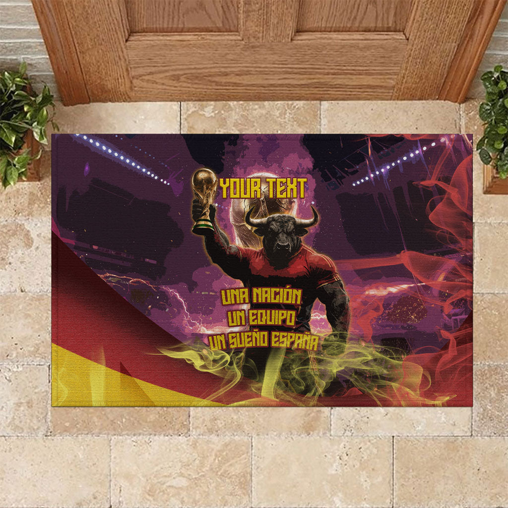 Personalized Spain Football Bull Mascot Rubber Doormat Spanish Pride Champion Trophy Graphic Art