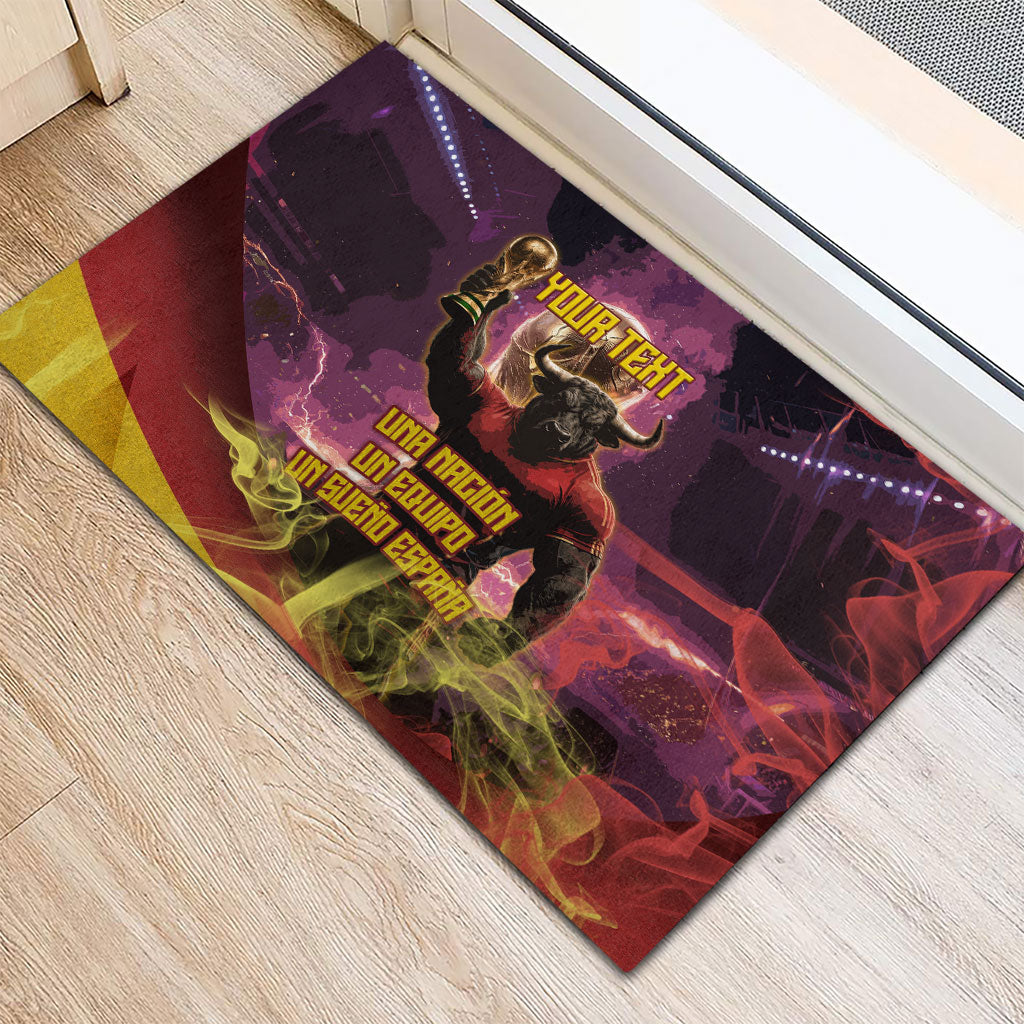 Personalized Spain Football Bull Mascot Rubber Doormat Spanish Pride Champion Trophy Graphic Art