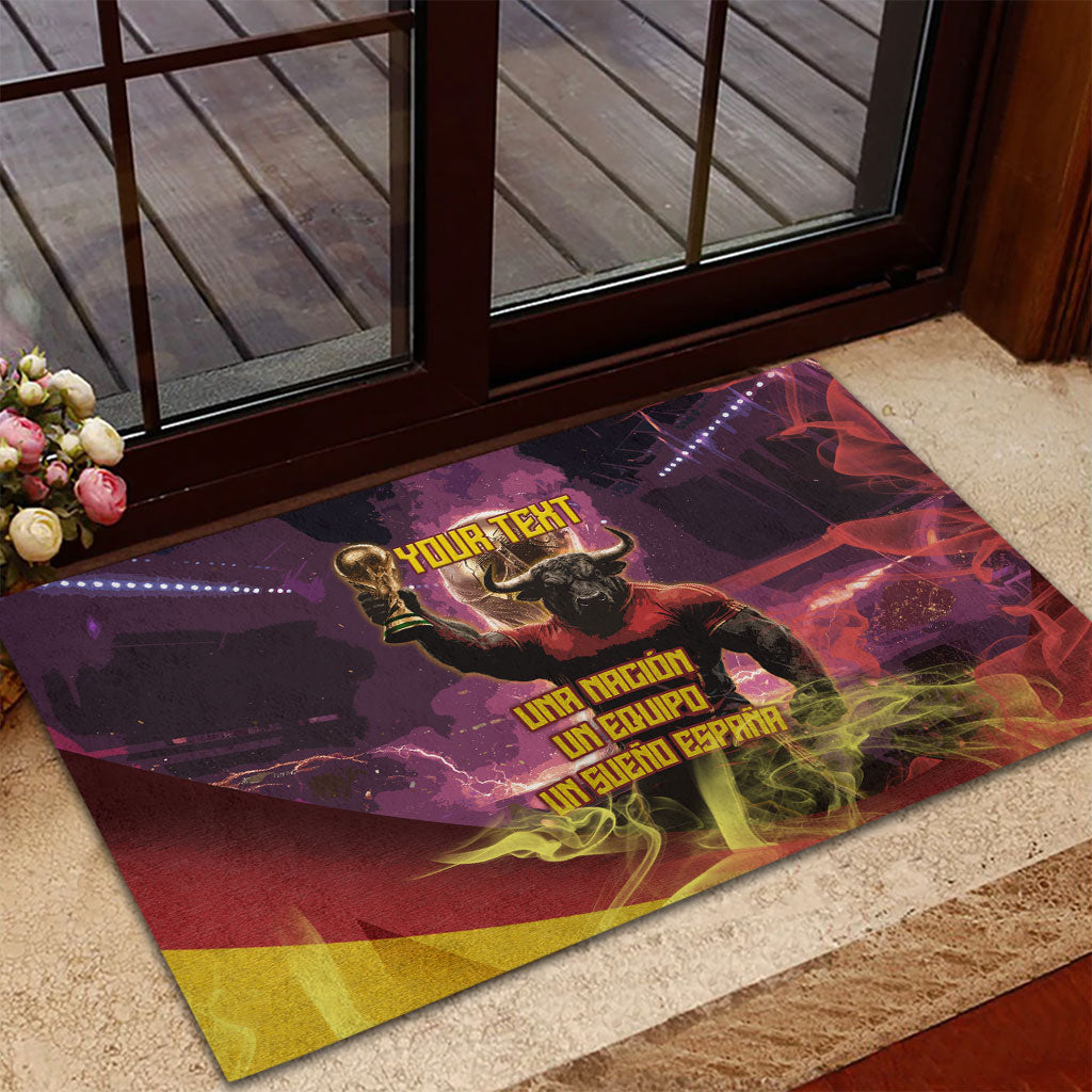 Personalized Spain Football Bull Mascot Rubber Doormat Spanish Pride Champion Trophy Graphic Art