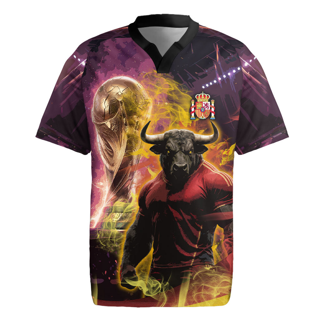 Personalized Spain Football Bull Mascot Rugby Jersey Spanish Pride Champion Trophy Graphic Art