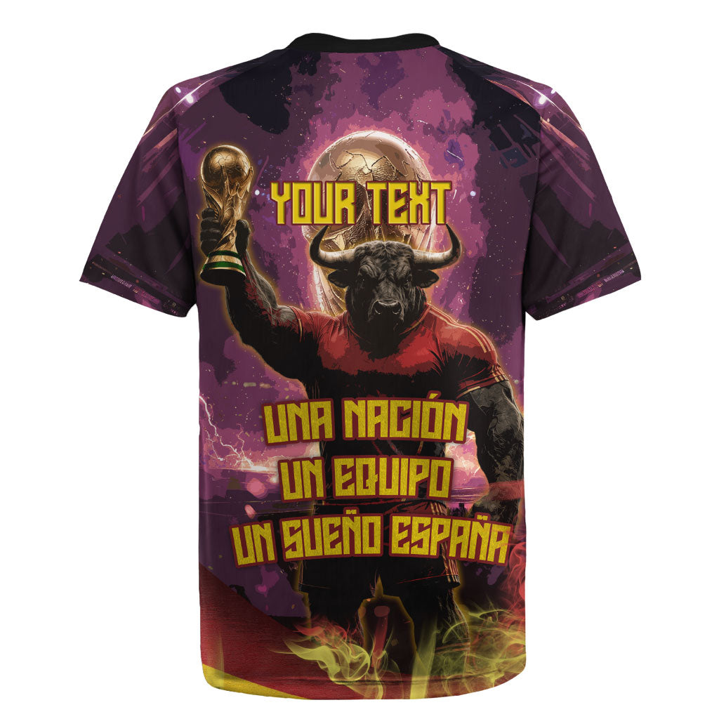 Personalized Spain Football Bull Mascot Rugby Jersey Spanish Pride Champion Trophy Graphic Art