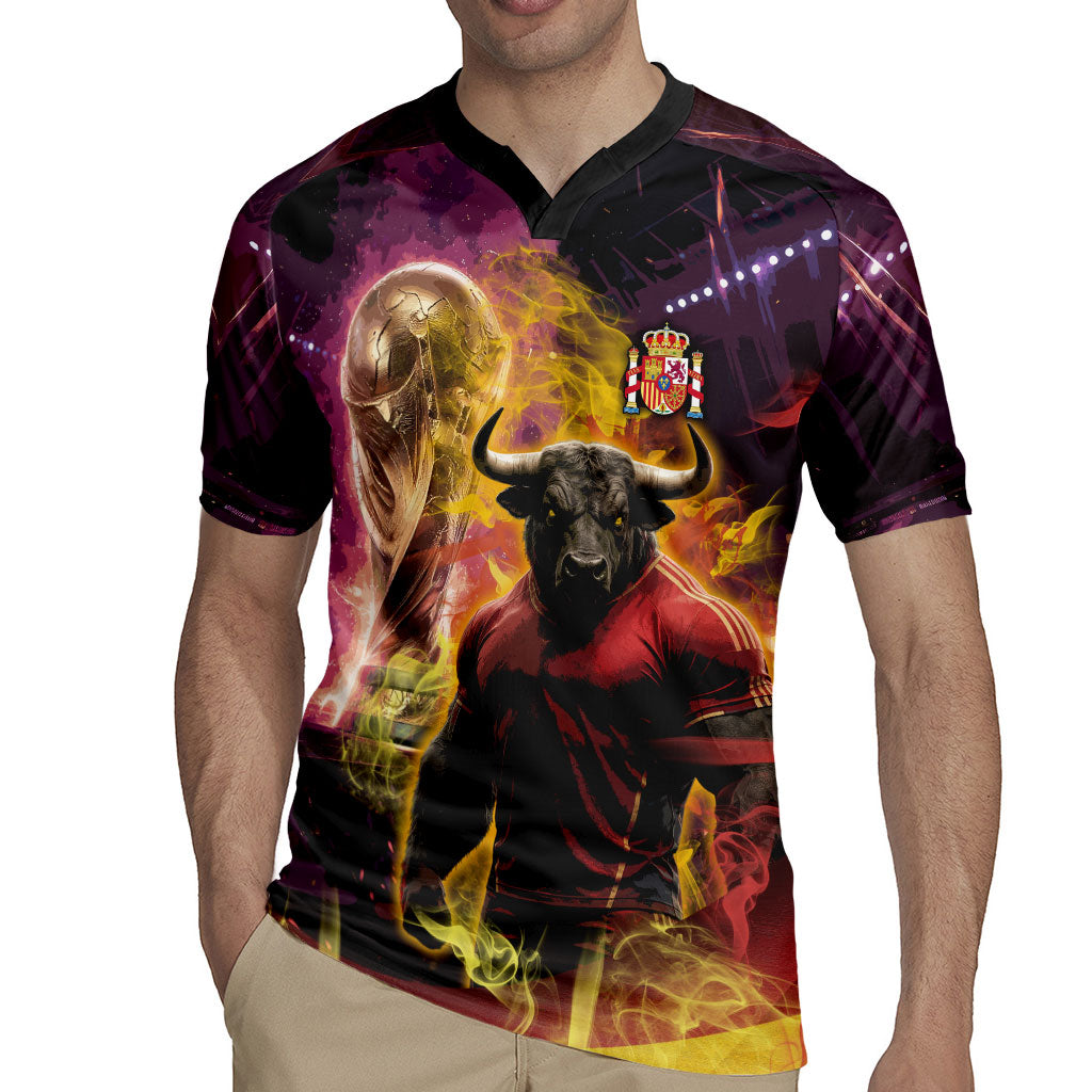 Personalized Spain Football Bull Mascot Rugby Jersey Spanish Pride Champion Trophy Graphic Art