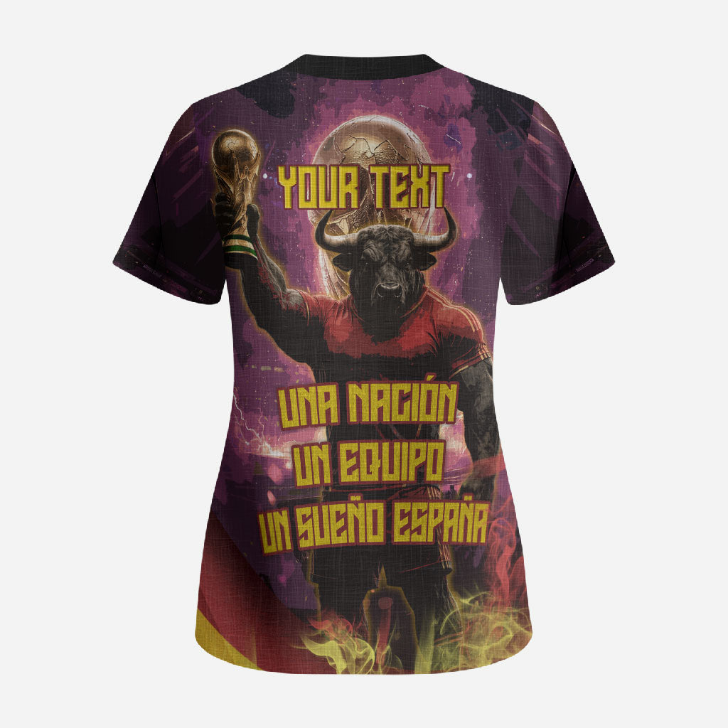 Personalized Spain Football Bull Mascot Scrub Top Spanish Pride Champion Trophy Graphic Art