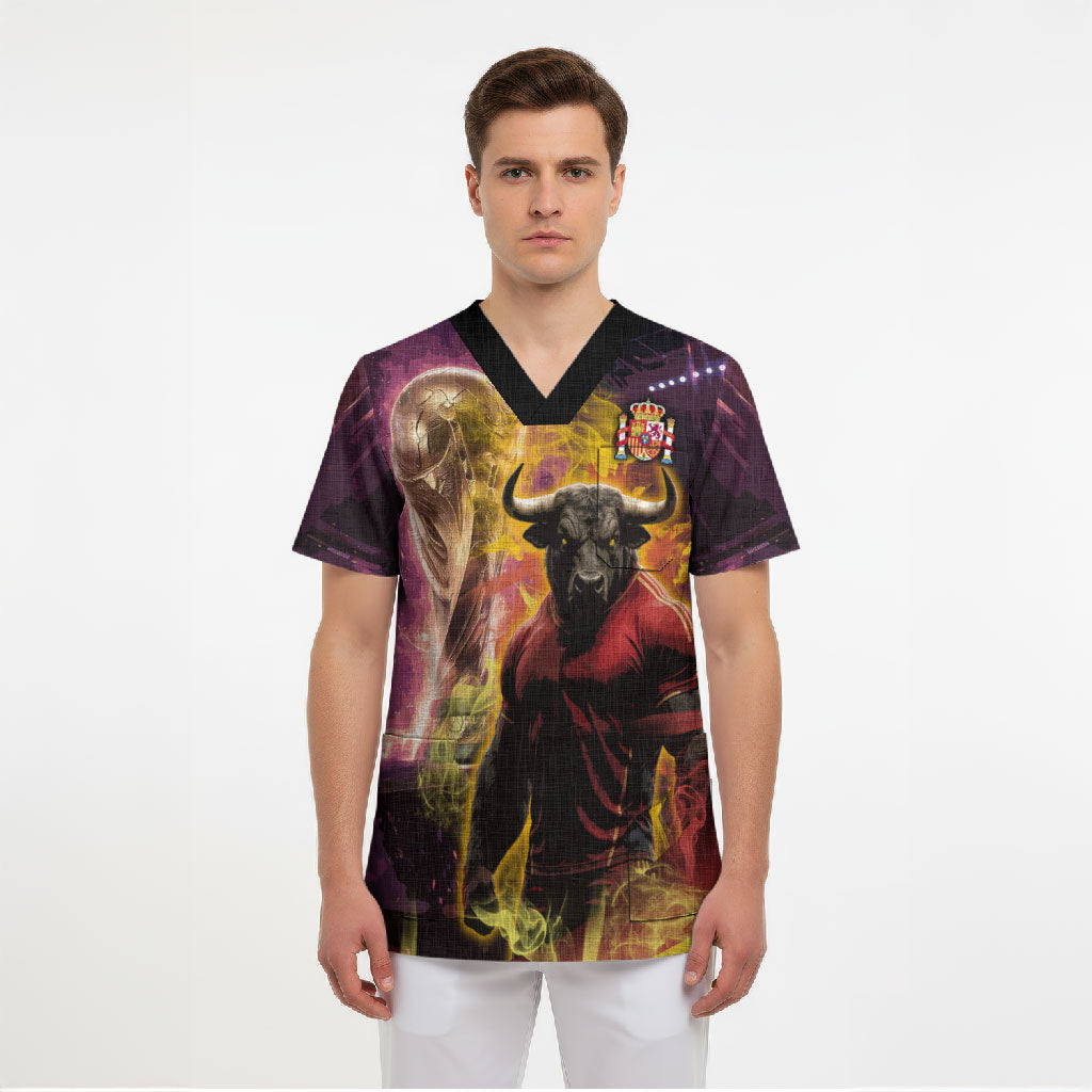 Personalized Spain Football Bull Mascot Scrub Top Spanish Pride Champion Trophy Graphic Art