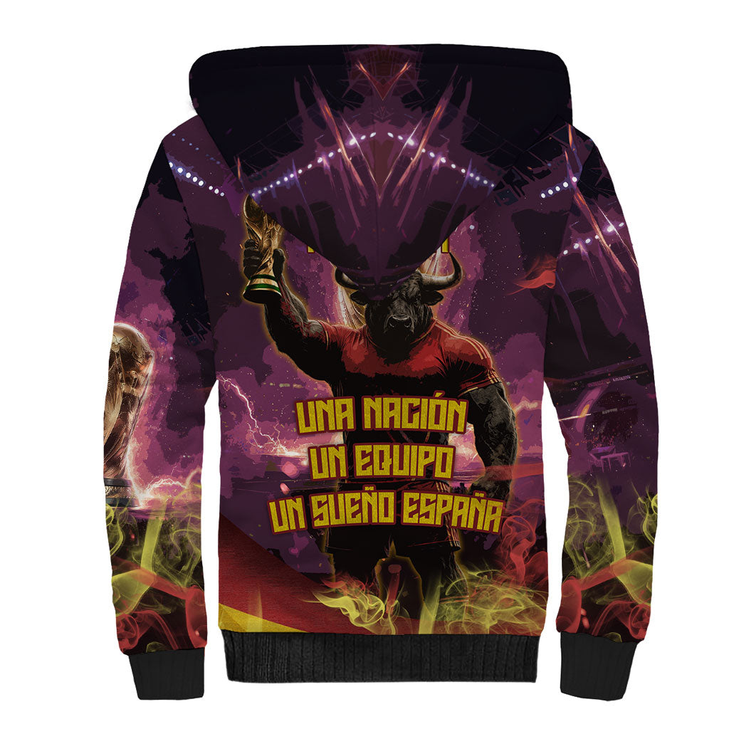 Personalized Spain Football Bull Mascot Sherpa Hoodie Spanish Pride Champion Trophy Graphic Art