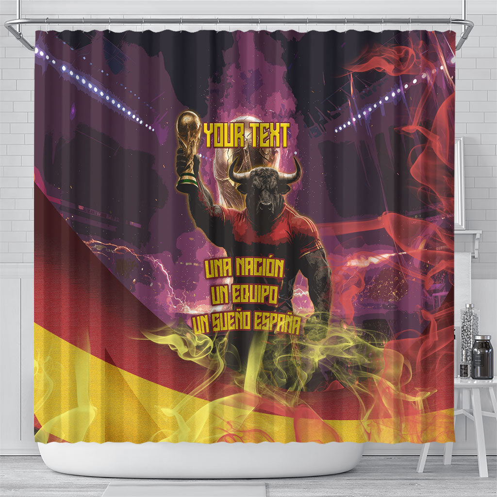 Personalized Spain Football Bull Mascot Shower Curtain Spanish Pride Champion Trophy Graphic Art