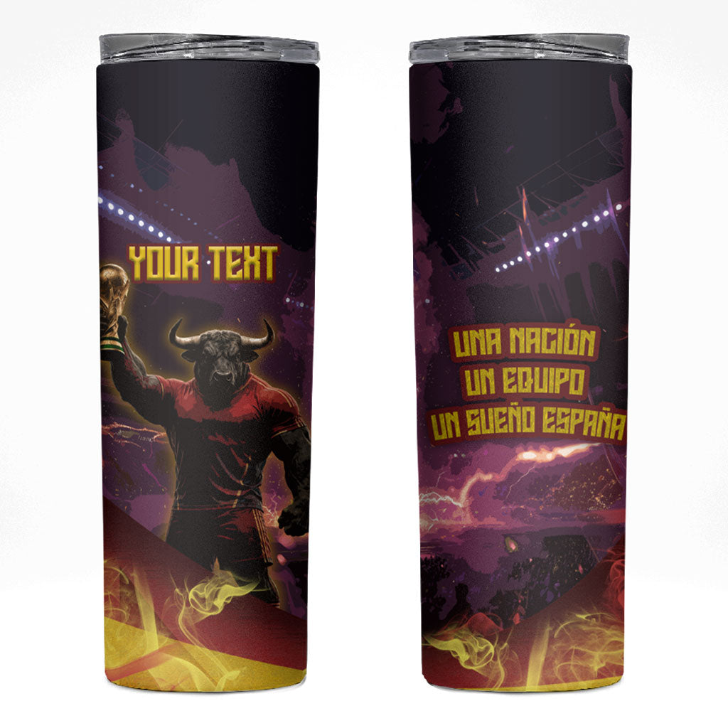 Personalized Spain Football Bull Mascot Skinny Tumbler Spanish Pride Champion Trophy Graphic Art