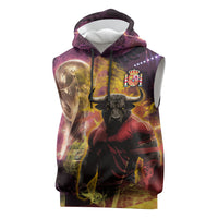 Personalized Spain Football Bull Mascot Sleeveless Hoodie Spanish Pride Champion Trophy Graphic Art