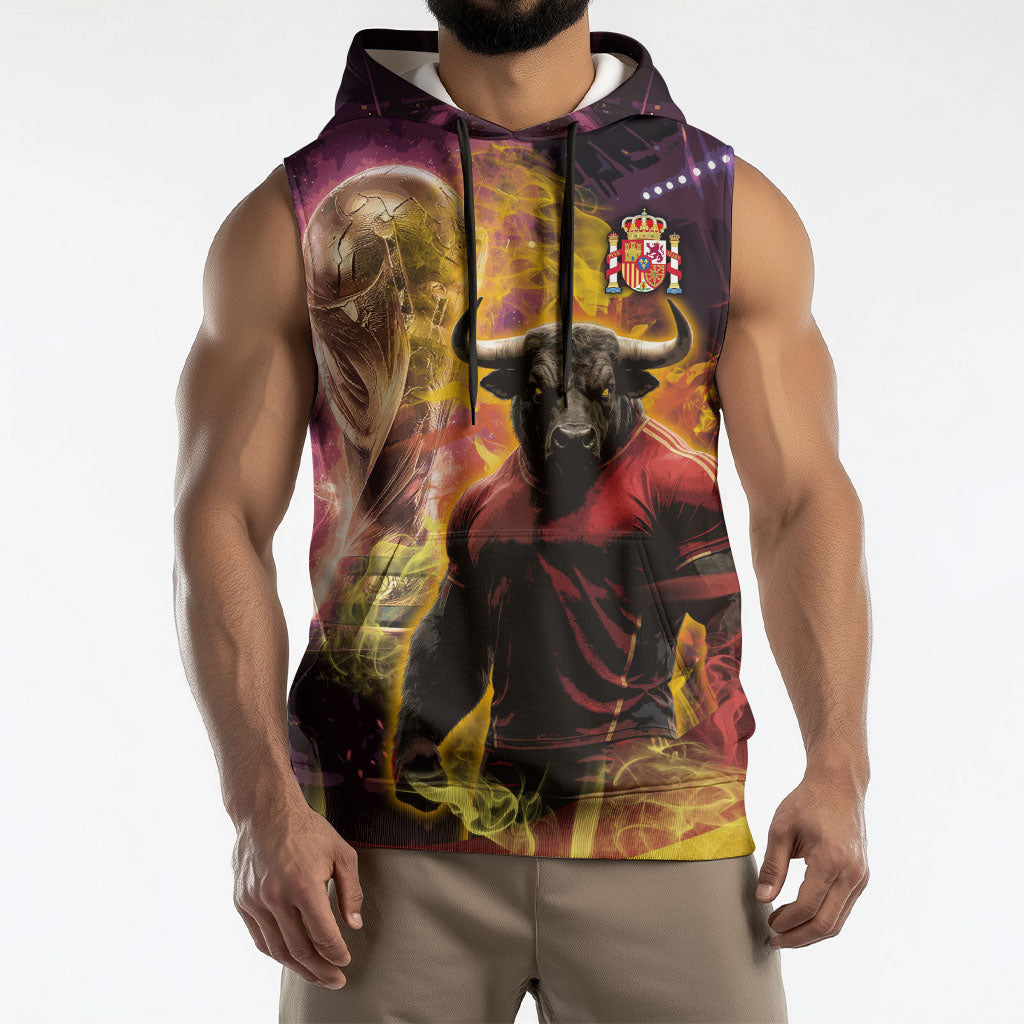 Personalized Spain Football Bull Mascot Sleeveless Hoodie Spanish Pride Champion Trophy Graphic Art