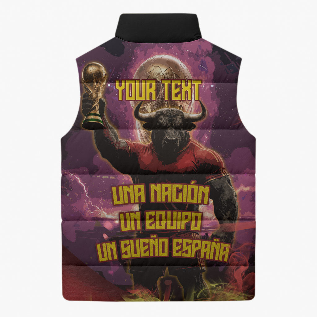 Personalized Spain Football Bull Mascot Sleeveless Puffer Jacket Spanish Pride Champion Trophy Graphic Art