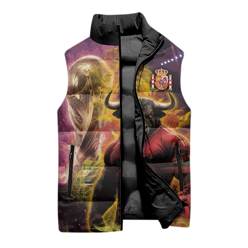 Personalized Spain Football Bull Mascot Sleeveless Puffer Jacket Spanish Pride Champion Trophy Graphic Art