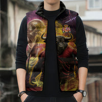 Personalized Spain Football Bull Mascot Sleeveless Puffer Jacket Spanish Pride Champion Trophy Graphic Art