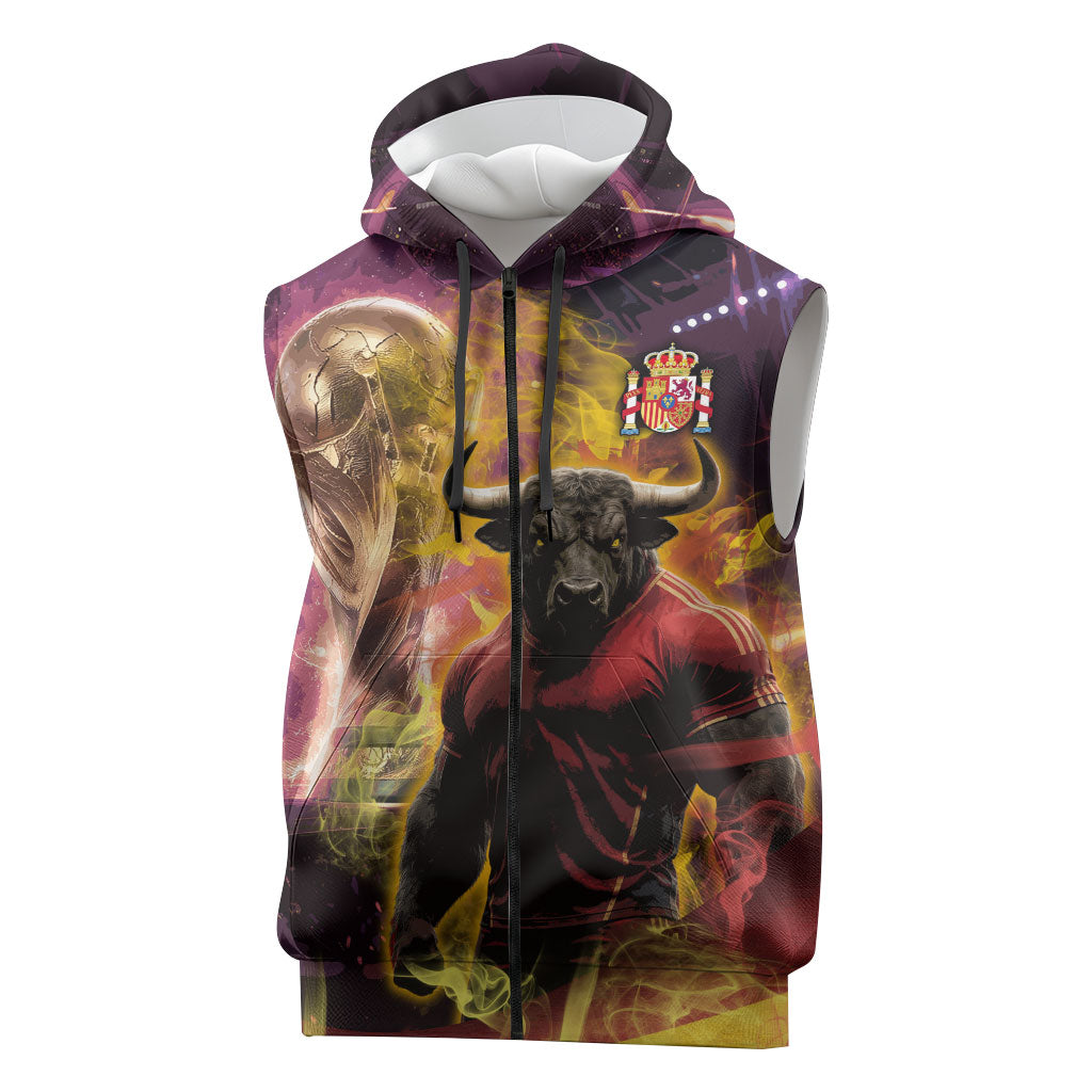 Personalized Spain Football Bull Mascot Sleeveless Zip Hoodie Spanish Pride Champion Trophy Graphic Art