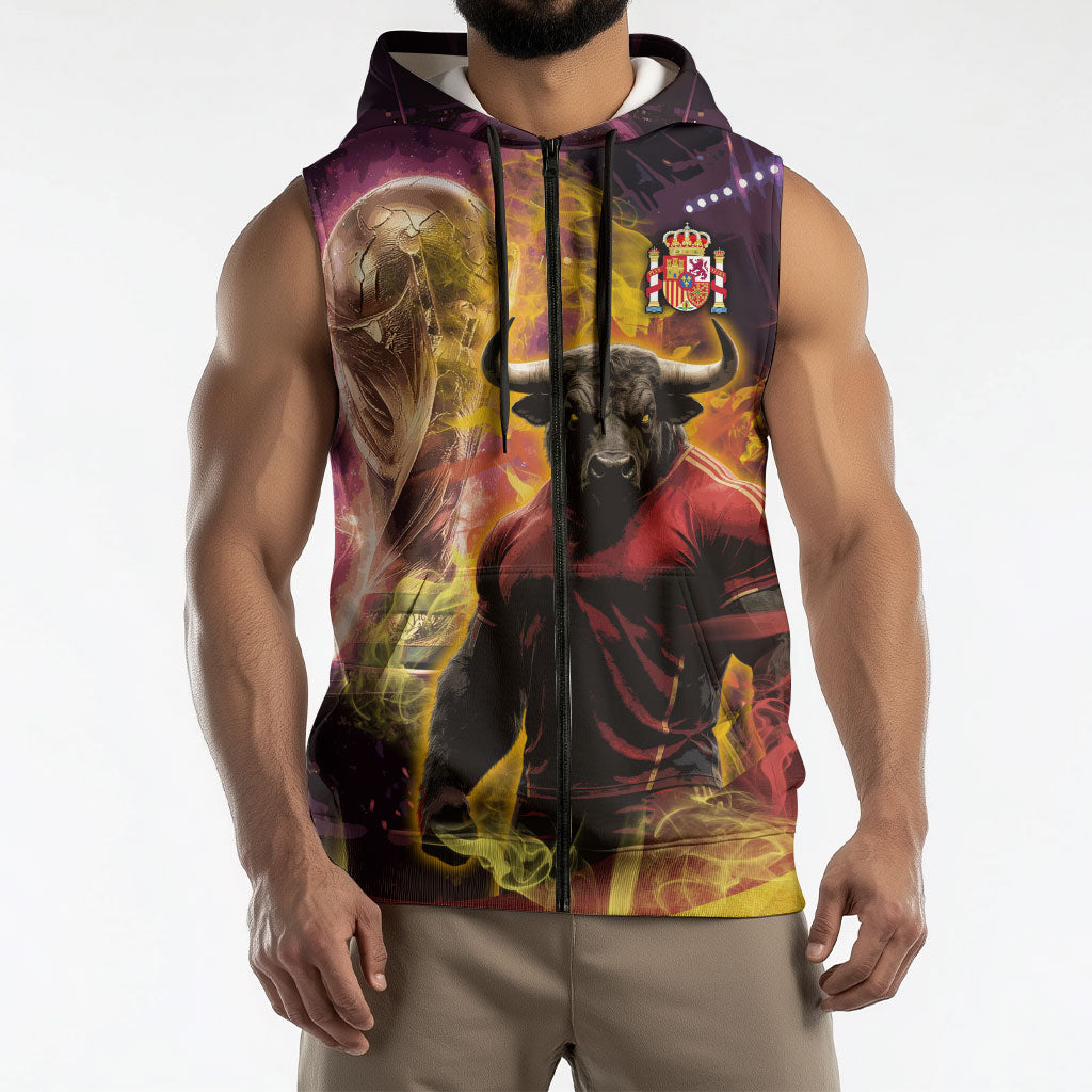 Personalized Spain Football Bull Mascot Sleeveless Zip Hoodie Spanish Pride Champion Trophy Graphic Art