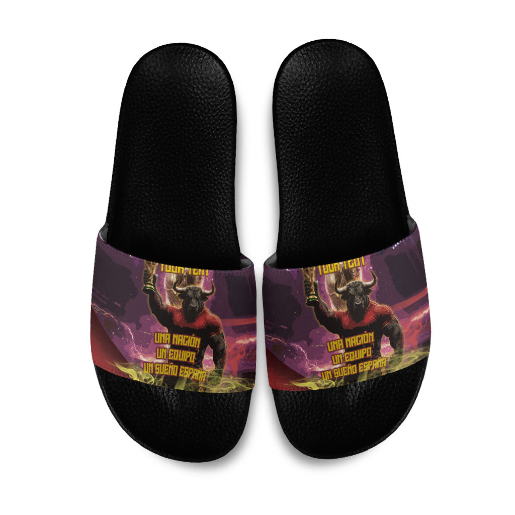 Personalized Spain Football Bull Mascot Slide Sandals Spanish Pride Champion Trophy Graphic Art