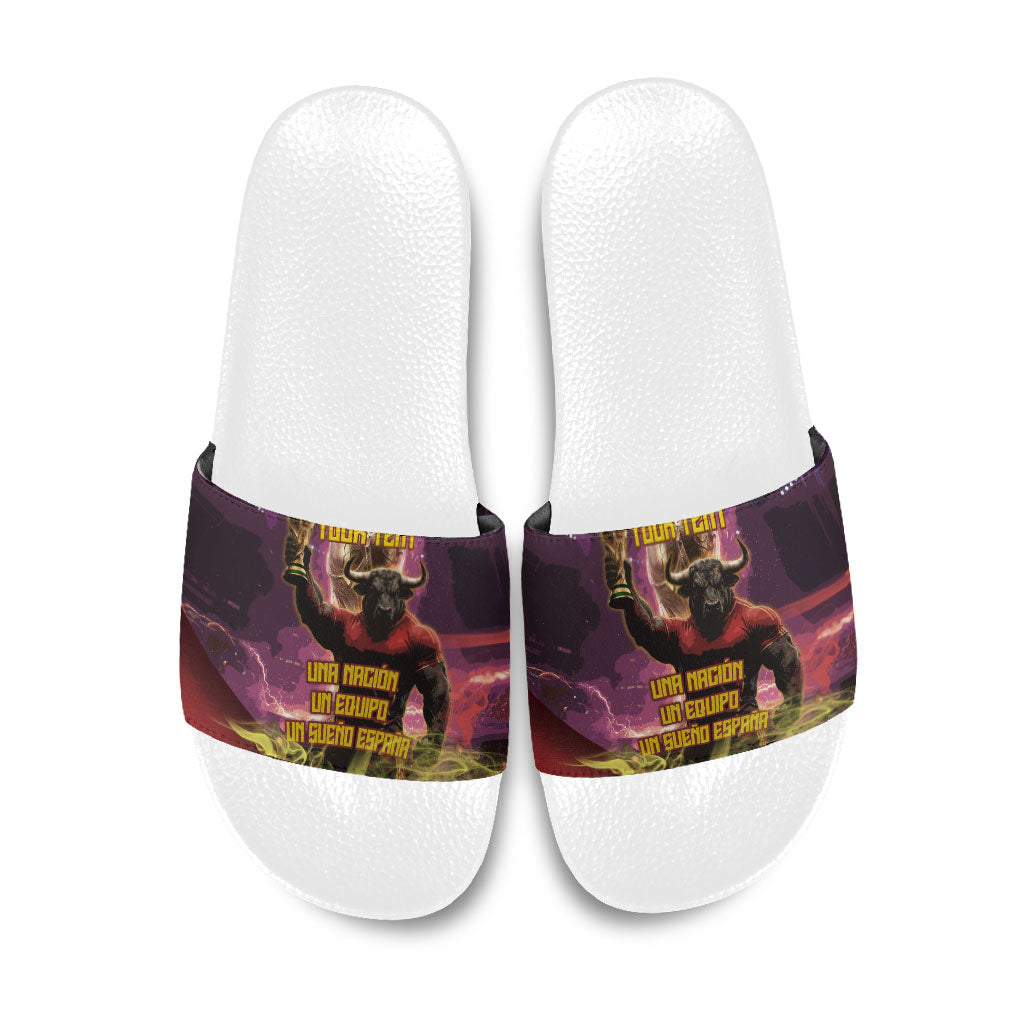 Personalized Spain Football Bull Mascot Slide Sandals Spanish Pride Champion Trophy Graphic Art