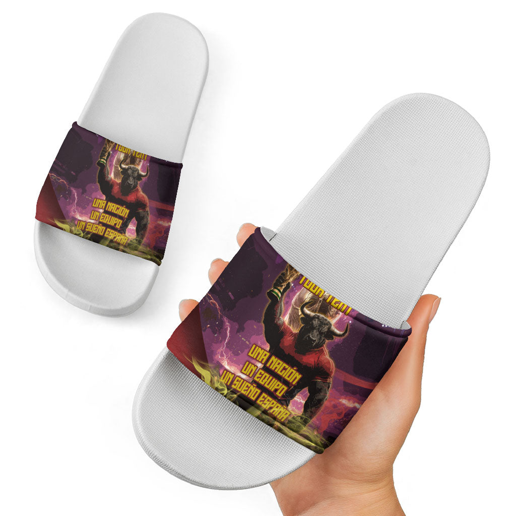 Personalized Spain Football Bull Mascot Slide Sandals Spanish Pride Champion Trophy Graphic Art