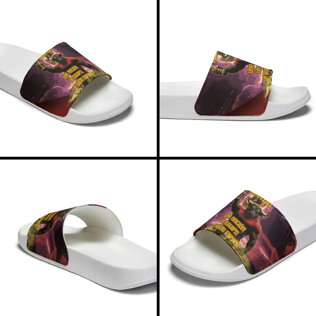 Personalized Spain Football Bull Mascot Slide Sandals Spanish Pride Champion Trophy Graphic Art