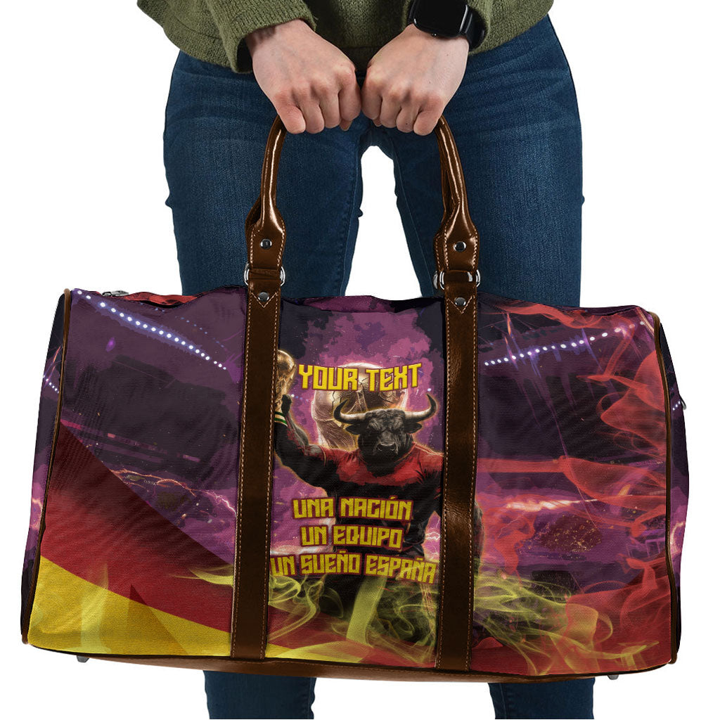 Personalized Spain Football Bull Mascot Travel Bag Spanish Pride Champion Trophy Graphic Art