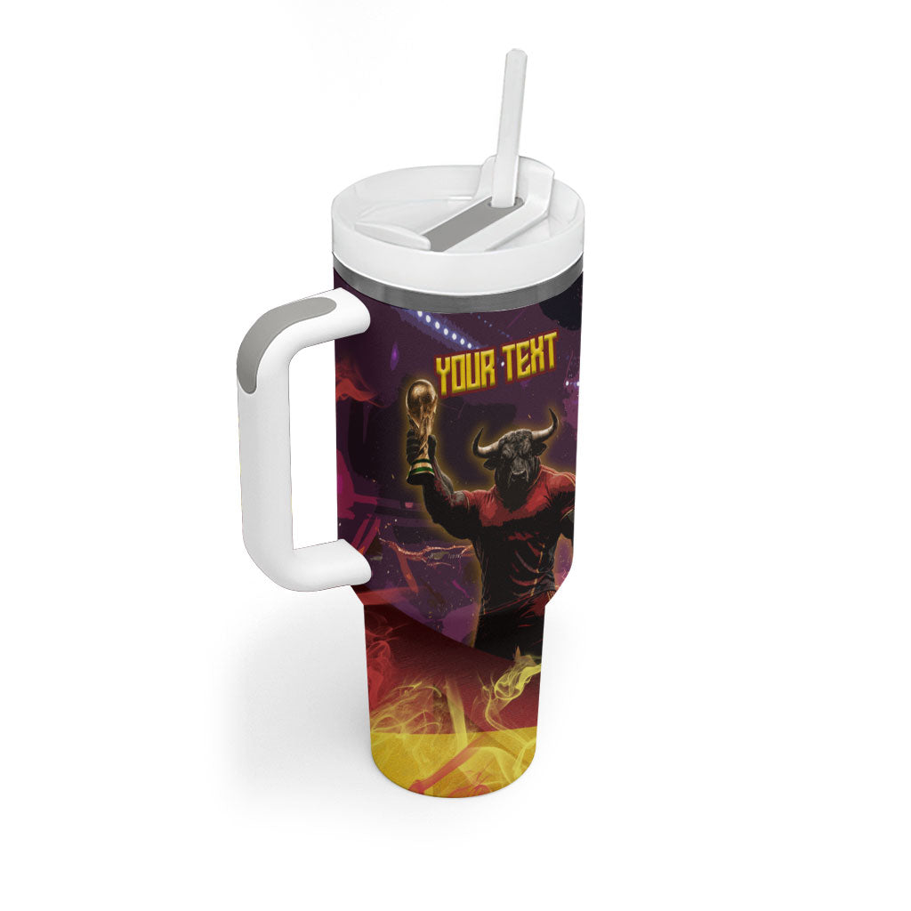 Personalized Spain Football Bull Mascot Tumbler With Handle Spanish Pride Champion Trophy Graphic Art