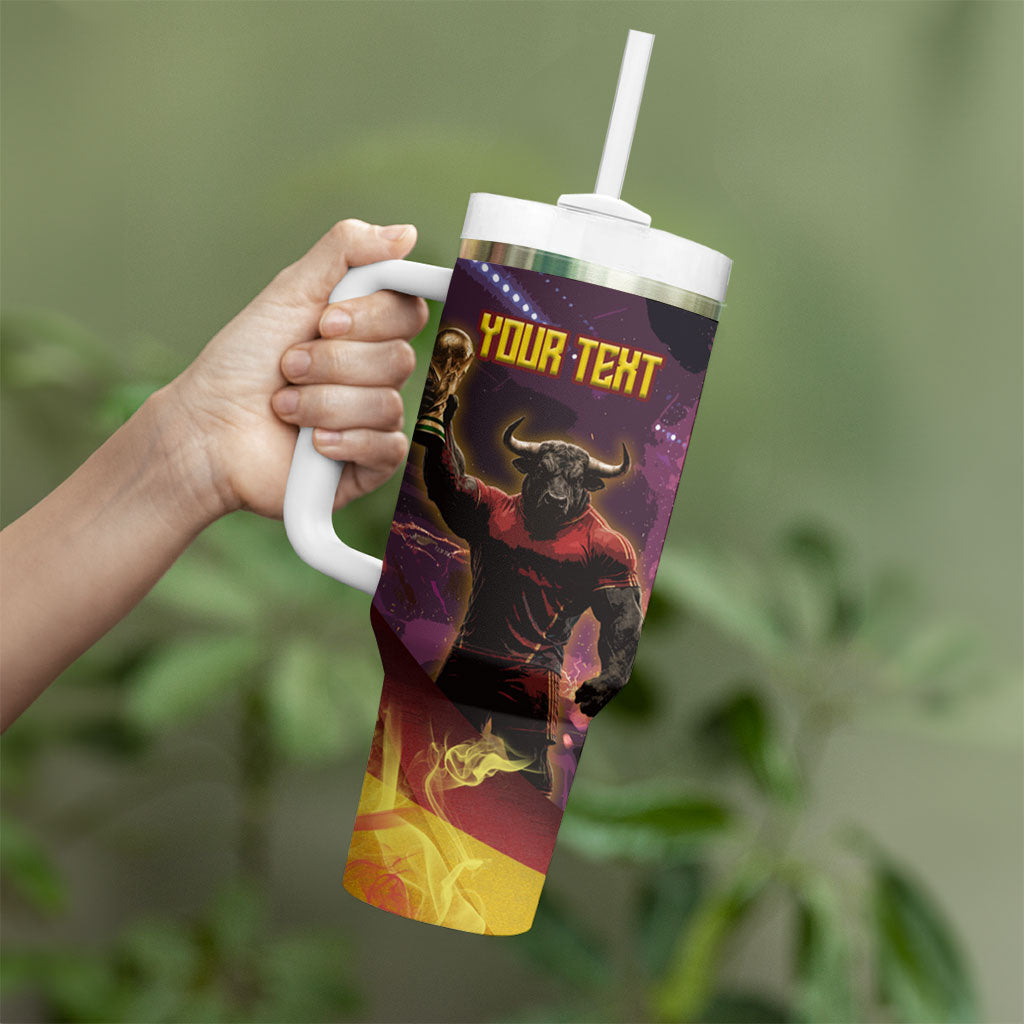 Personalized Spain Football Bull Mascot Tumbler With Handle Spanish Pride Champion Trophy Graphic Art