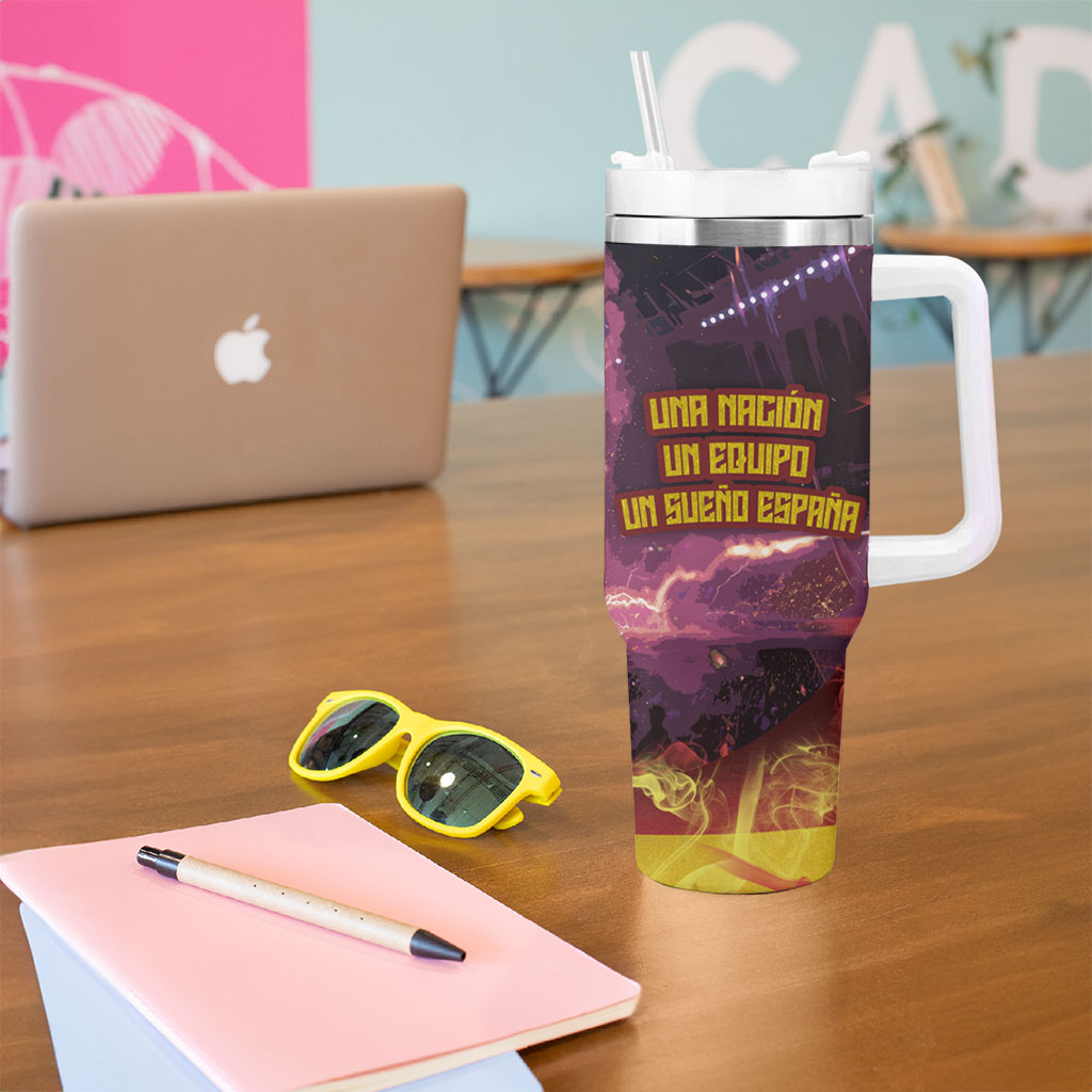 Personalized Spain Football Bull Mascot Tumbler With Handle Spanish Pride Champion Trophy Graphic Art