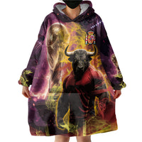 Personalized Spain Football Bull Mascot Wearable Blanket Hoodie Spanish Pride Champion Trophy Graphic Art