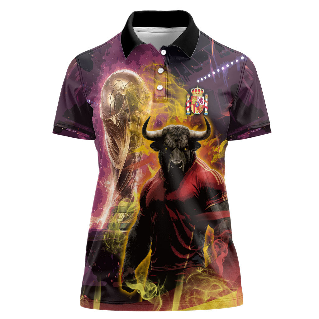Personalized Spain Football Bull Mascot Women Polo Shirt Spanish Pride Champion Trophy Graphic Art
