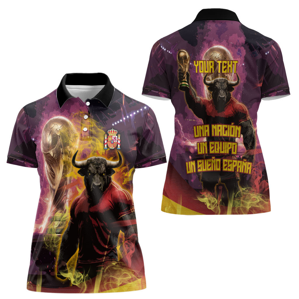 Personalized Spain Football Bull Mascot Women Polo Shirt Spanish Pride Champion Trophy Graphic Art