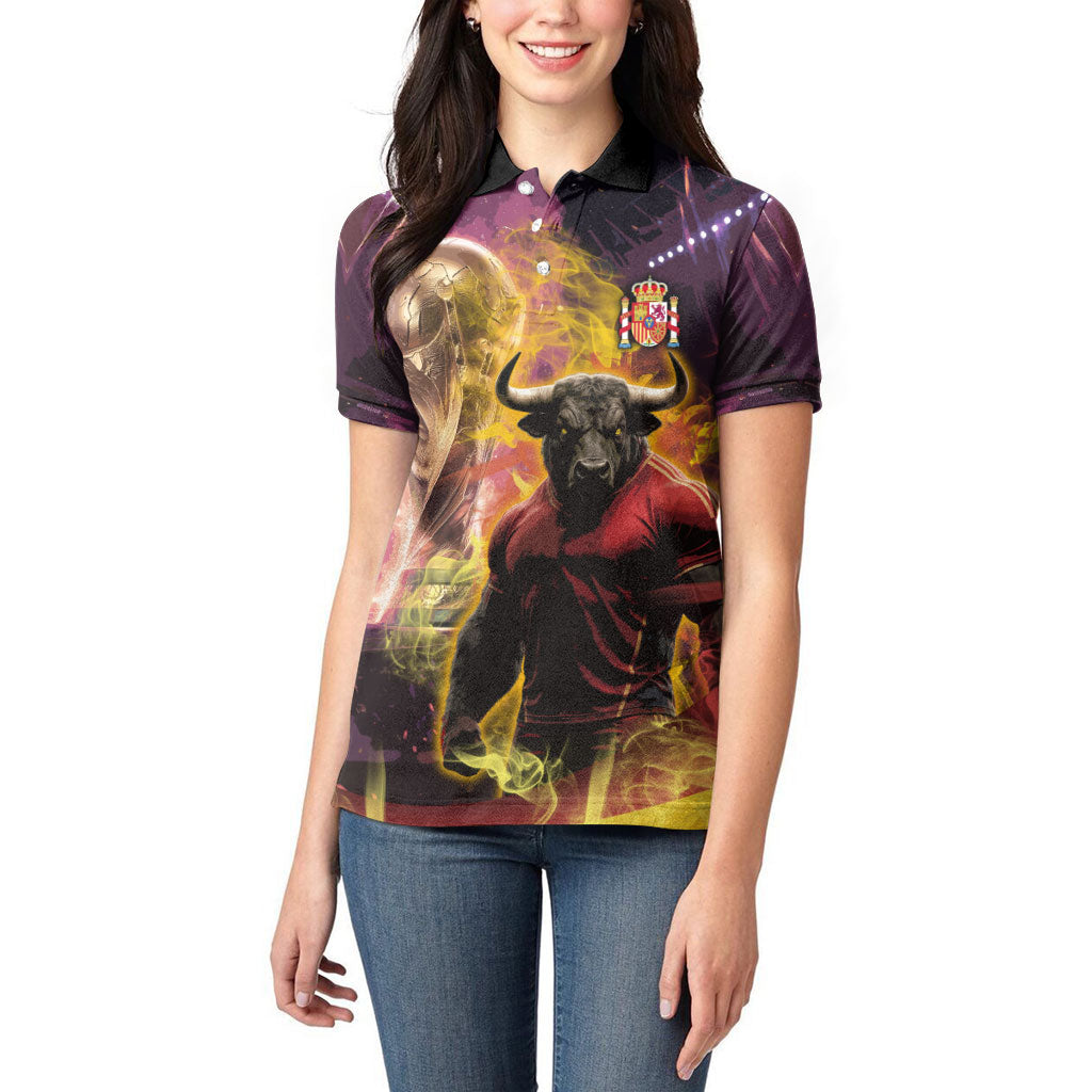 Personalized Spain Football Bull Mascot Women Polo Shirt Spanish Pride Champion Trophy Graphic Art
