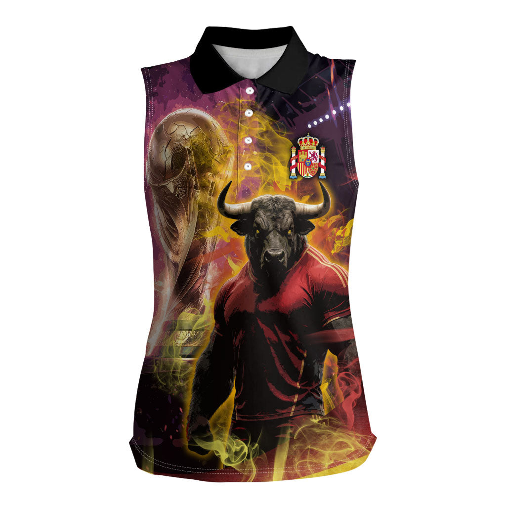 Personalized Spain Football Bull Mascot Women Sleeveless Polo Shirt Spanish Pride Champion Trophy Graphic Art