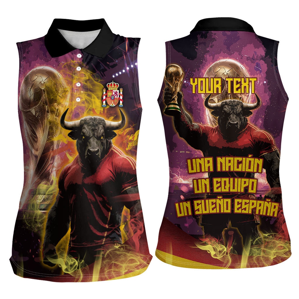 Personalized Spain Football Bull Mascot Women Sleeveless Polo Shirt Spanish Pride Champion Trophy Graphic Art