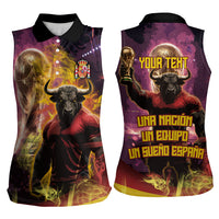Personalized Spain Football Bull Mascot Women Sleeveless Polo Shirt Spanish Pride Champion Trophy Graphic Art