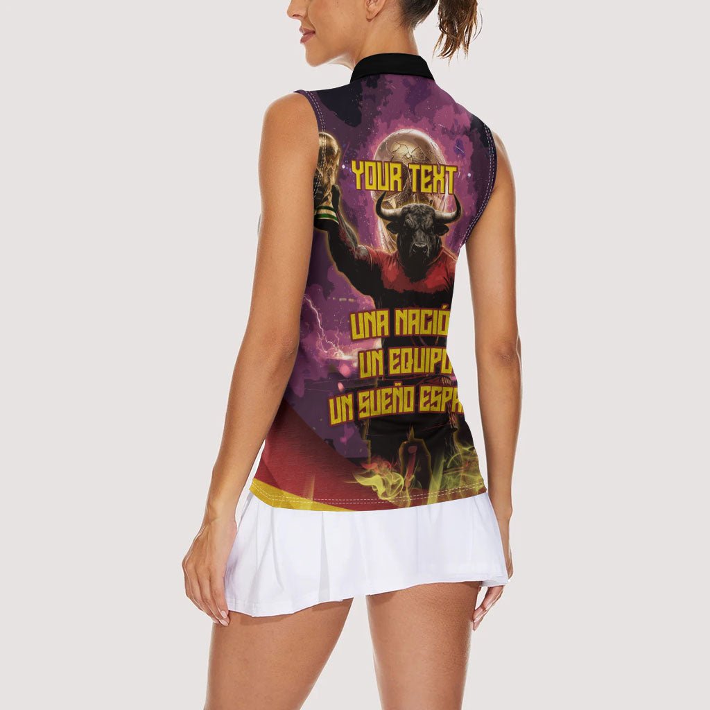 Personalized Spain Football Bull Mascot Women Sleeveless Polo Shirt Spanish Pride Champion Trophy Graphic Art