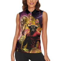 Personalized Spain Football Bull Mascot Women Sleeveless Polo Shirt Spanish Pride Champion Trophy Graphic Art