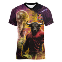 Personalized Spain Football Bull Mascot Women V-Neck T-Shirt Spanish Pride Champion Trophy Graphic Art