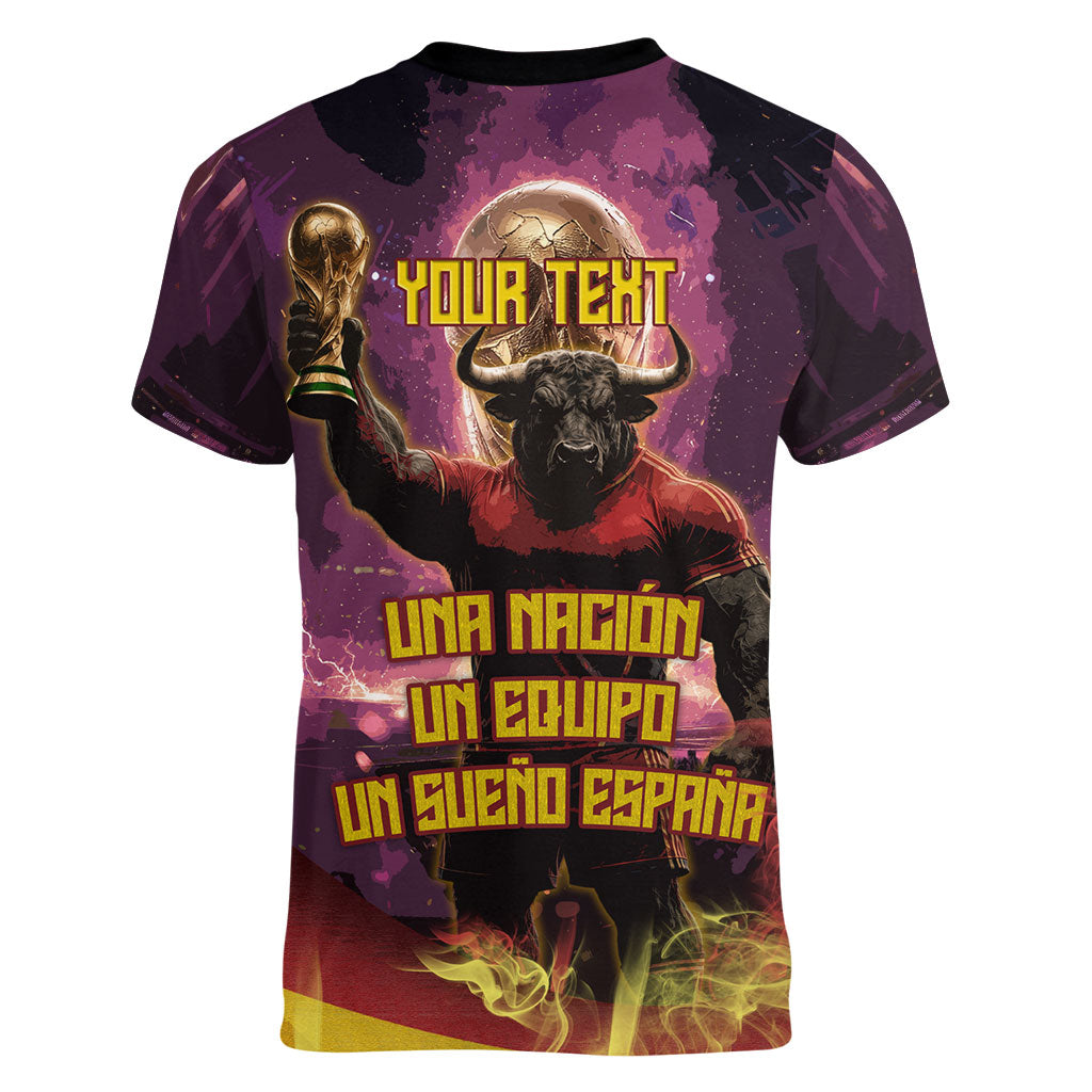 Personalized Spain Football Bull Mascot Women V-Neck T-Shirt Spanish Pride Champion Trophy Graphic Art