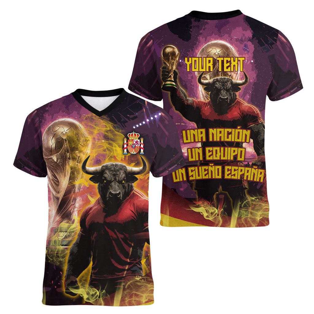 Personalized Spain Football Bull Mascot Women V-Neck T-Shirt Spanish Pride Champion Trophy Graphic Art