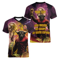 Personalized Spain Football Bull Mascot Women V-Neck T-Shirt Spanish Pride Champion Trophy Graphic Art