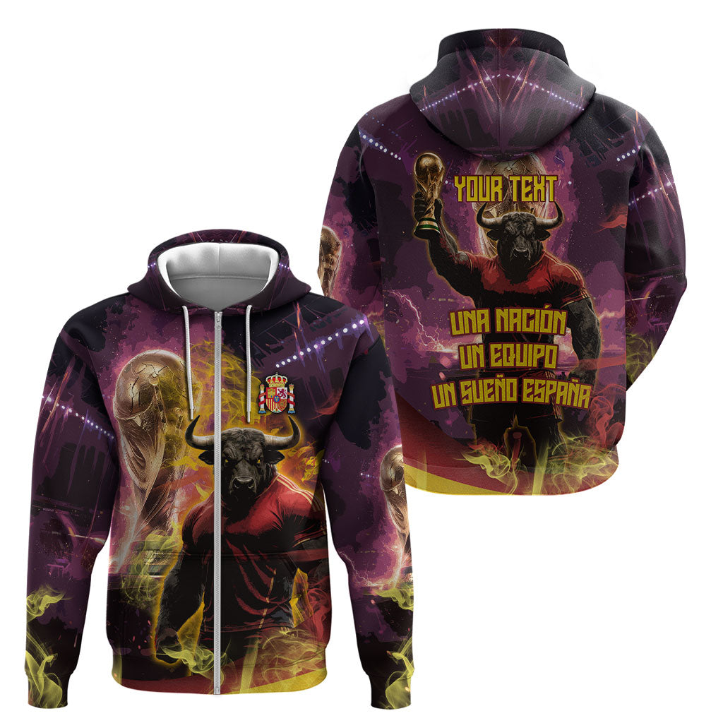Personalized Spain Football Bull Mascot Zip Hoodie Spanish Pride Champion Trophy Graphic Art
