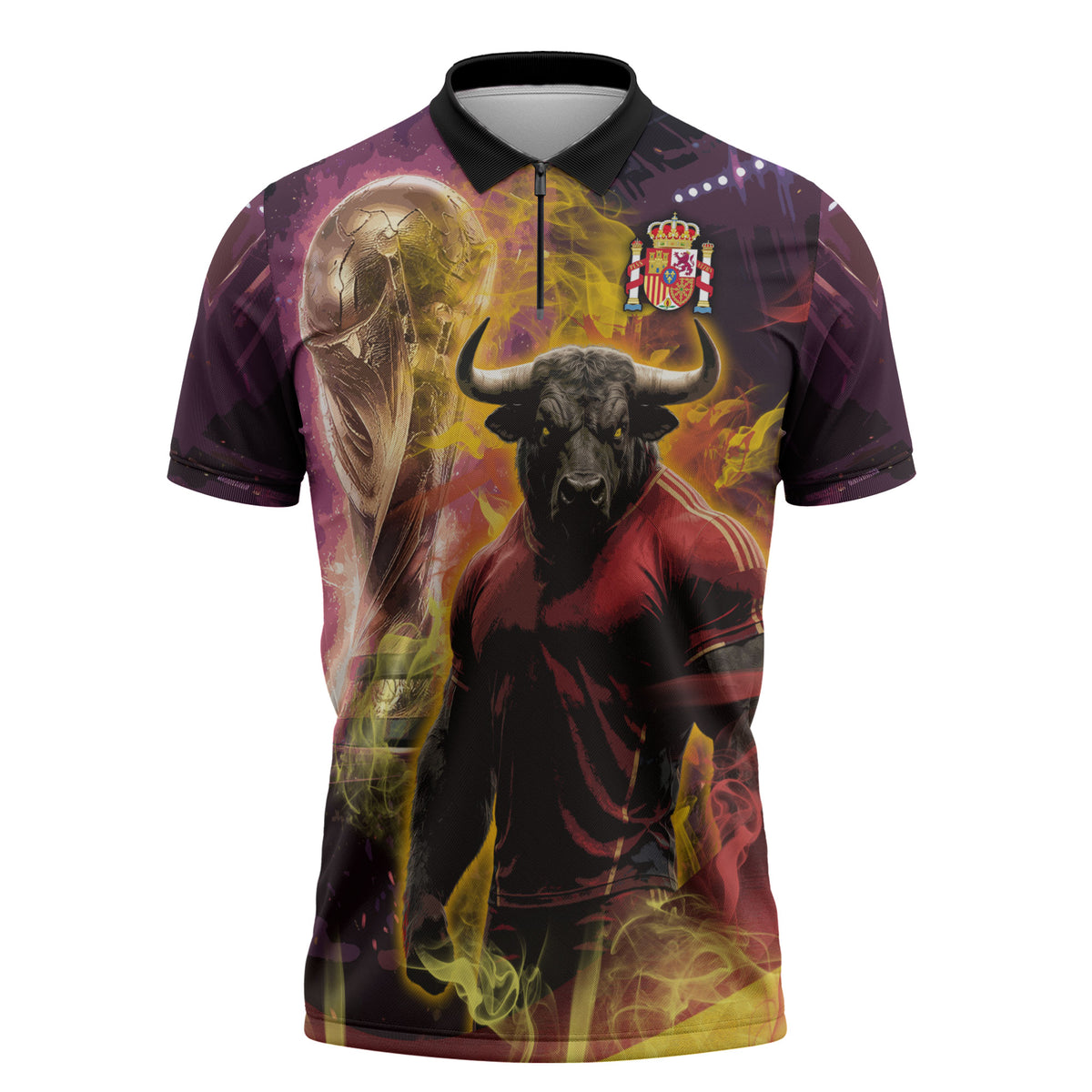 Personalized Spain Football Bull Mascot Zipper Polo Shirt Spanish Pride Champion Trophy Graphic Art