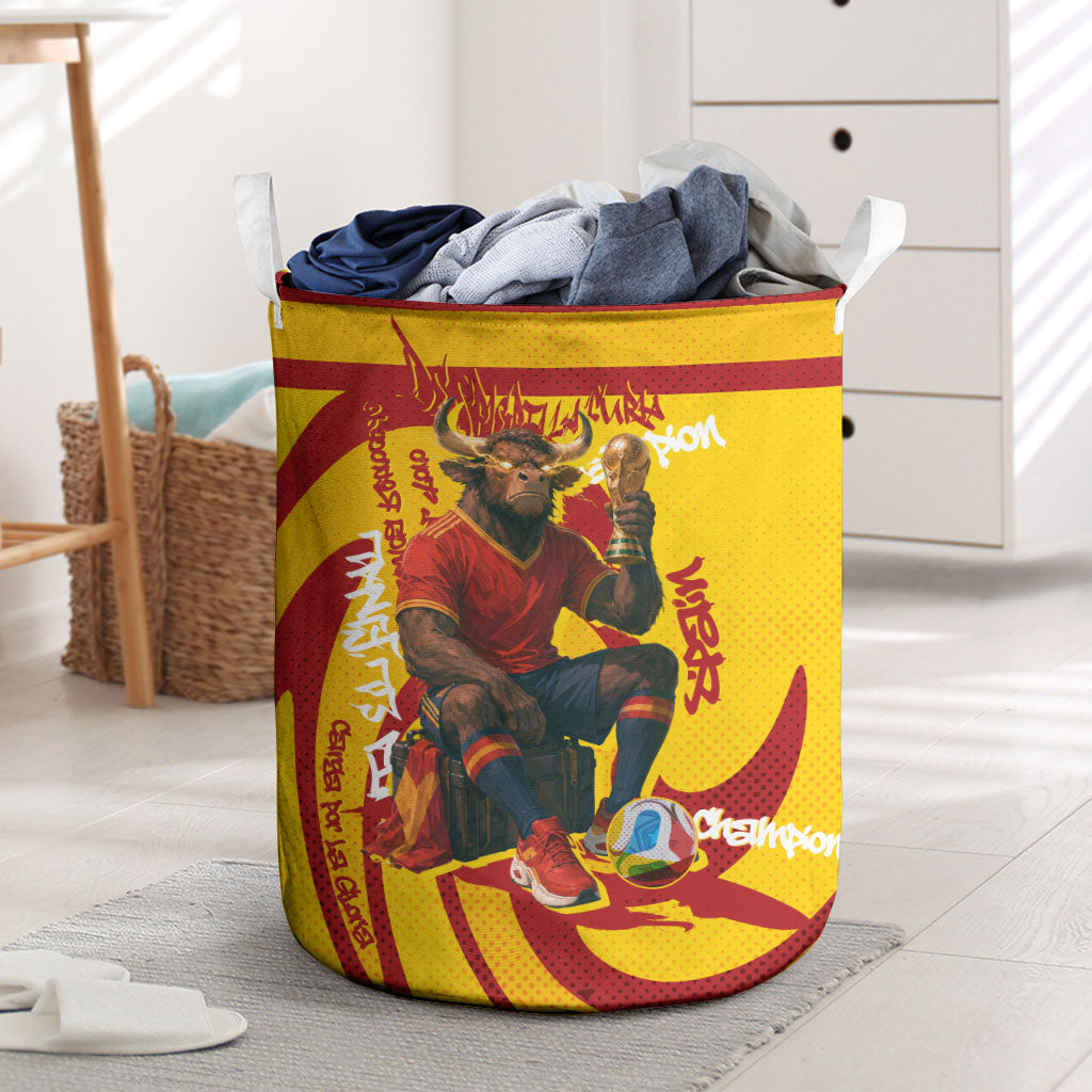 Spain Football Bull Mascot Laundry Basket Spanish Pride Champion Soccer Trophy Graffiti