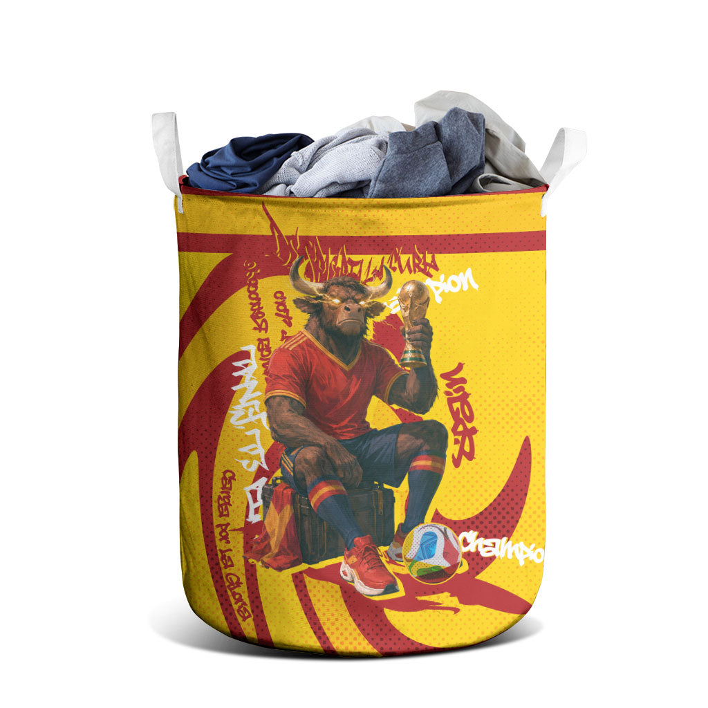 Spain Football Bull Mascot Laundry Basket Spanish Pride Champion Soccer Trophy Graffiti