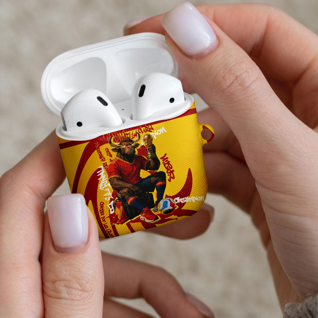 Spain Football Bull Mascot AirPods Case Spanish Pride Champion Soccer Trophy Graffiti