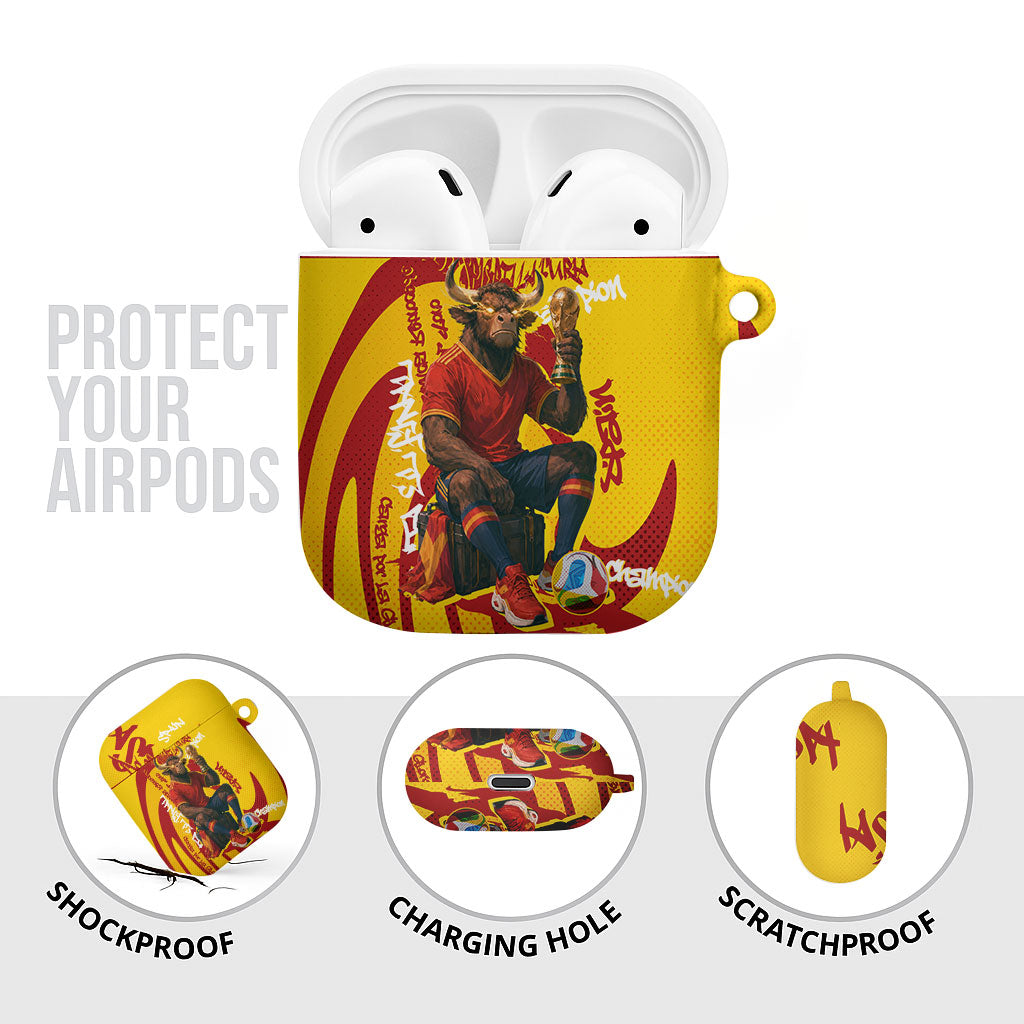 Spain Football Bull Mascot AirPods Case Spanish Pride Champion Soccer Trophy Graffiti