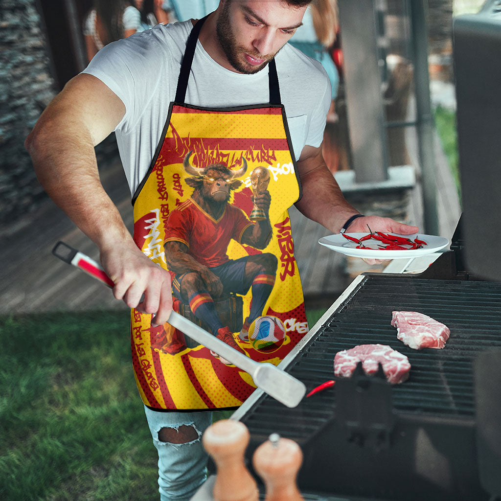 Spain Football Bull Mascot Apron Spanish Pride Champion Soccer Trophy Graffiti