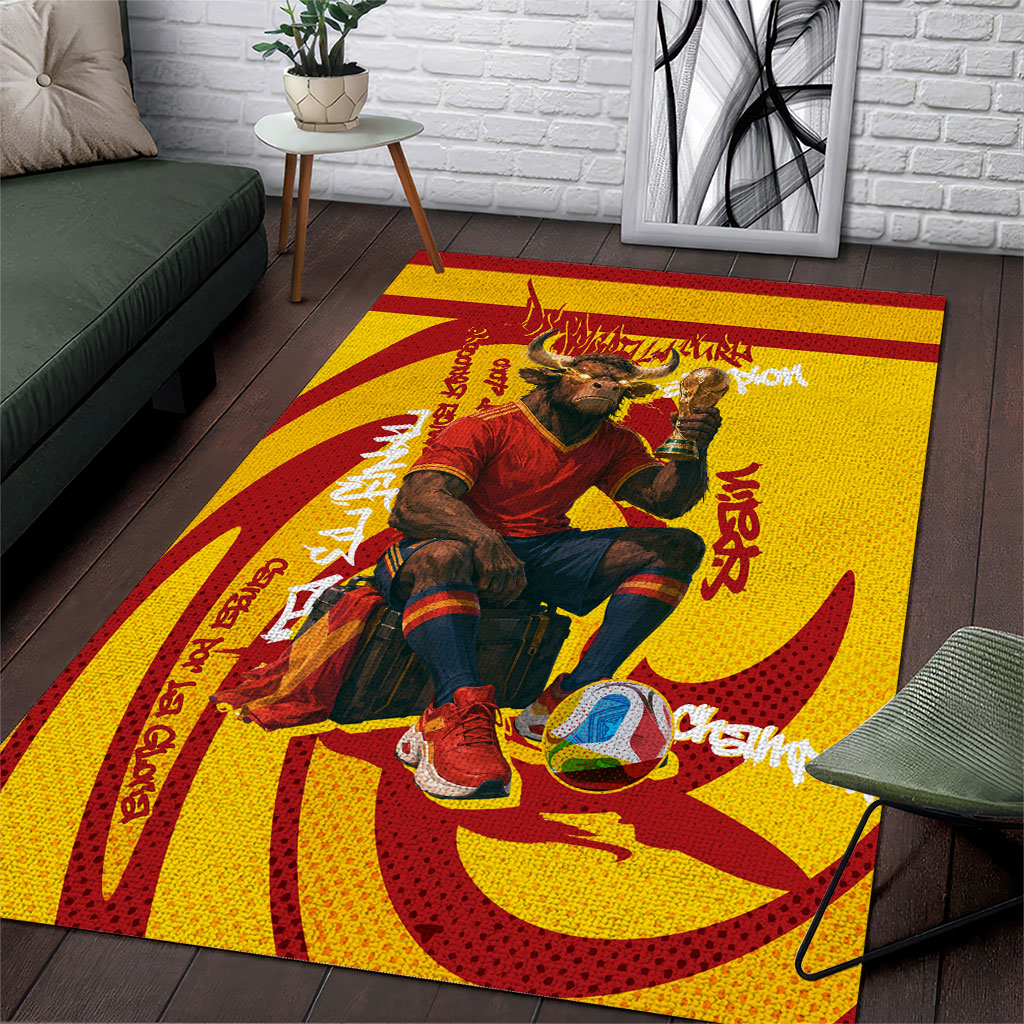 Spain Football Bull Mascot Area Rug Spanish Pride Champion Soccer Trophy Graffiti