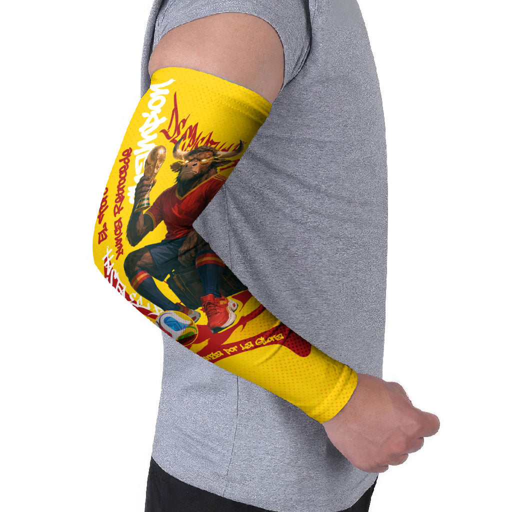 Spain Football Bull Mascot Arm Sleeves Spanish Pride Champion Soccer Trophy Graffiti